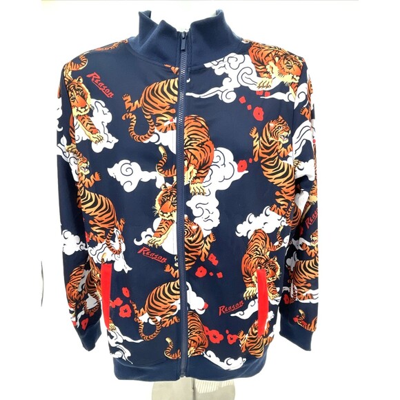 Reason Brand Track Jacket Mens S Blue Tiger Clouds Full Zip All Over Print NEW - Picture 1 of 12